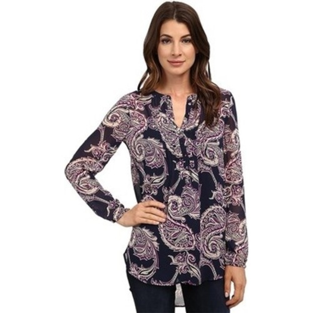 Lucky Brand Womens XL Navy Purple Paisley Sheer Henley Long Sleeve Blouse Top